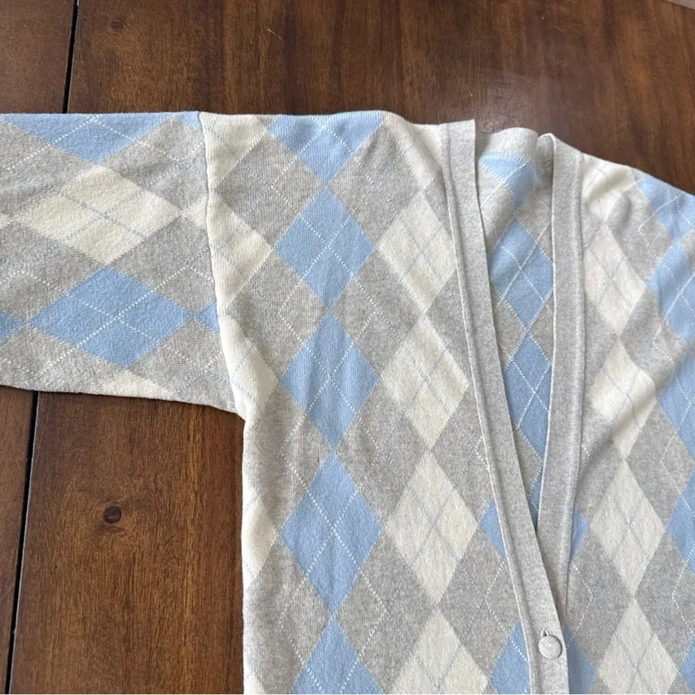 Jaeger 100% Lambswool Gray Blue Ivory Argyle Long Cardigan Sweater Vintage M